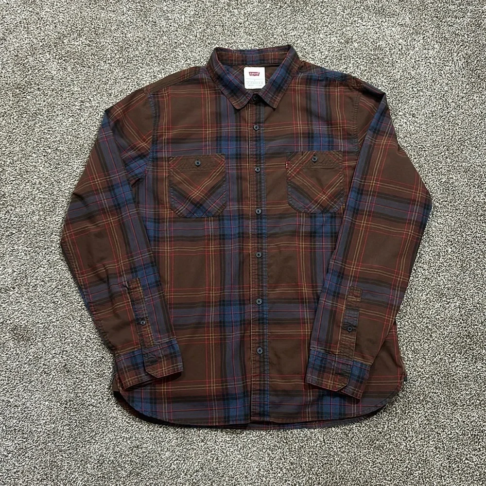 Levi’s men’s Malden button up casual plaid shirt brown blue red yellow large